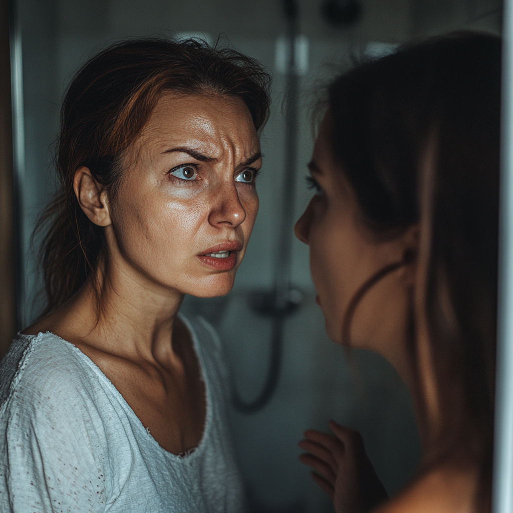 An angry determined woman in her bathroom | Source: Midjourney