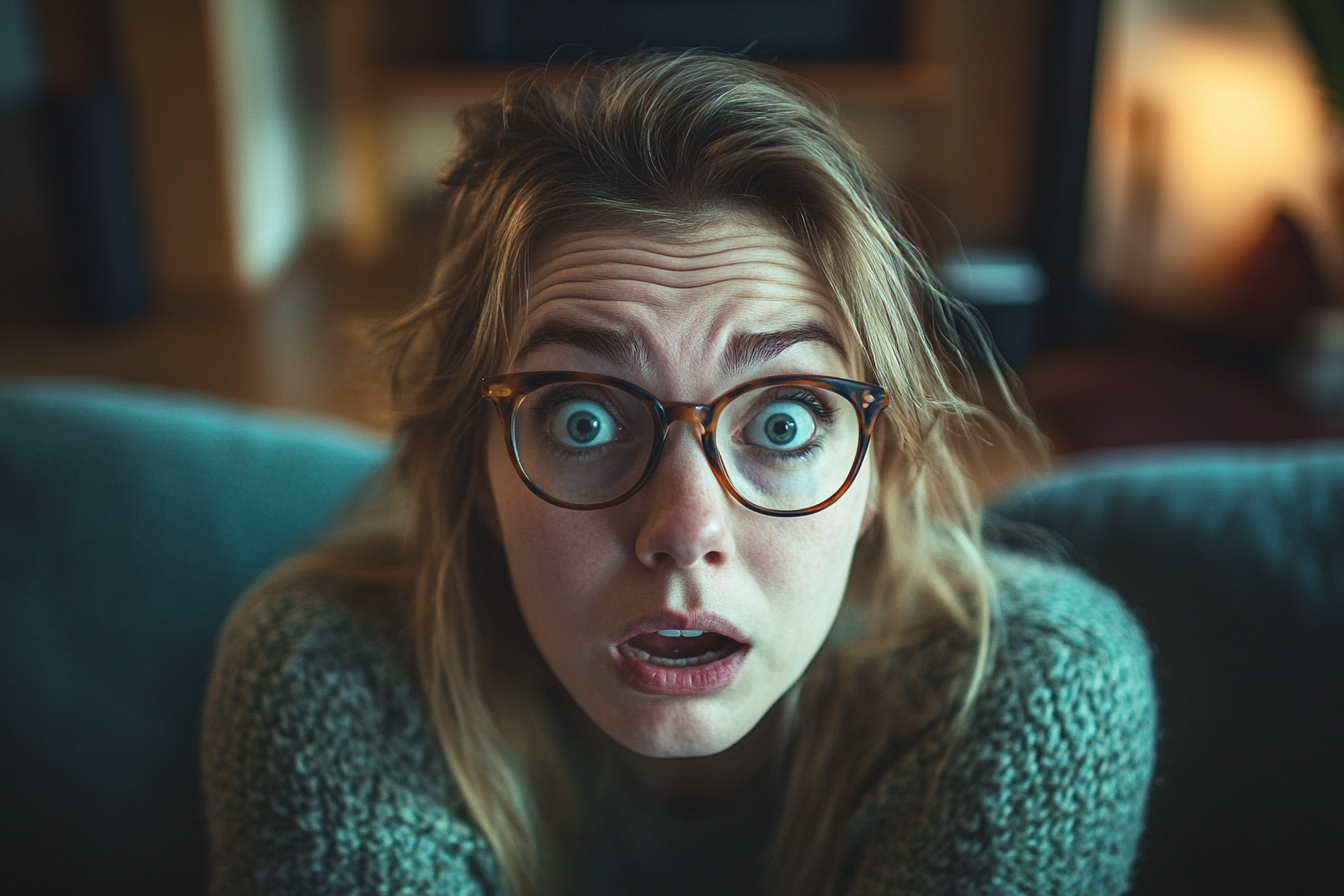 A shocked woman in a living room | Source: Midjourney