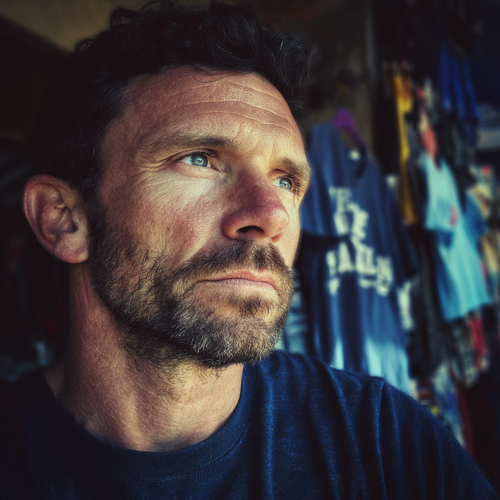 A pensive man wearing a navy T-shirt | Source: Midjourney