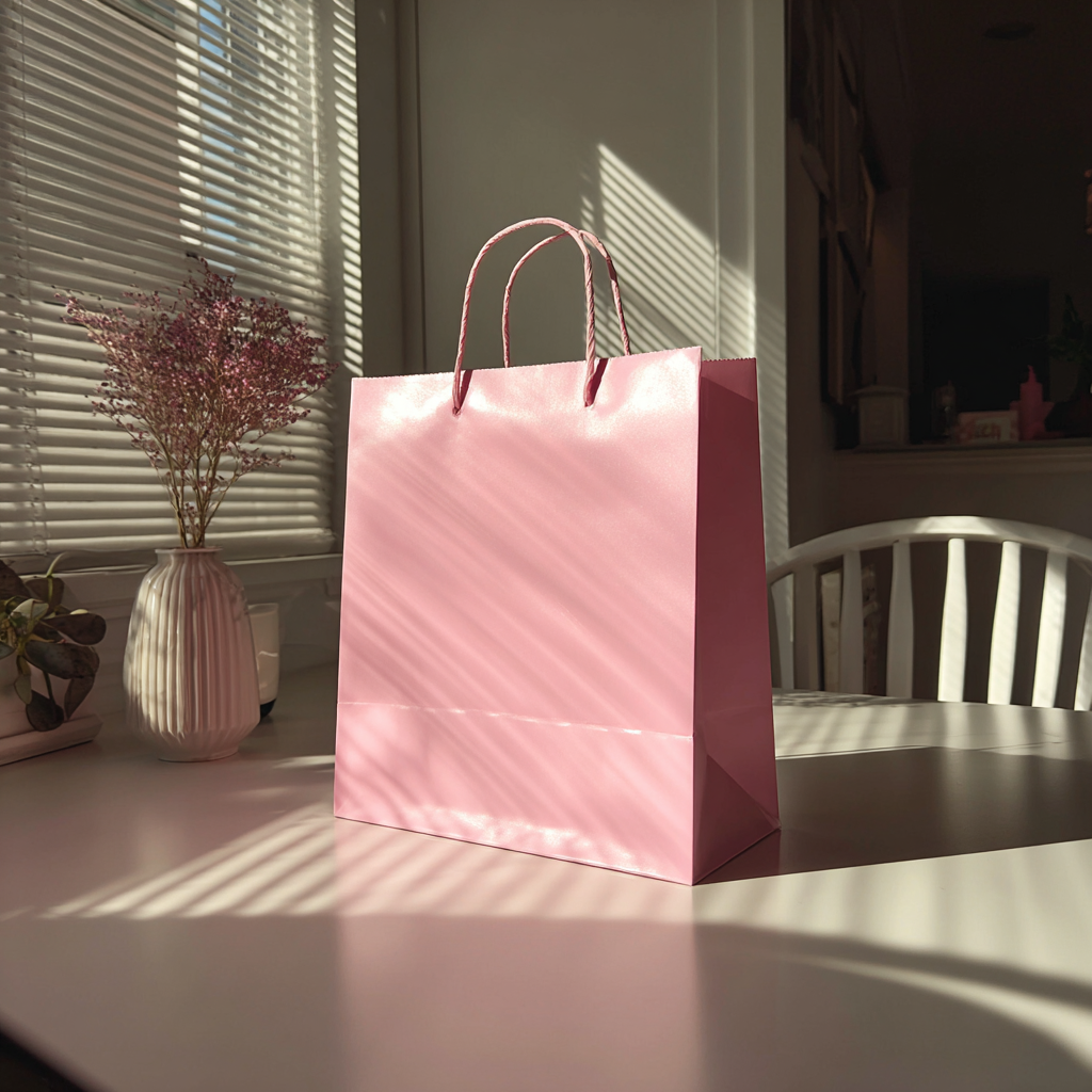 A pink gift bag on a table | Source: Midjourney