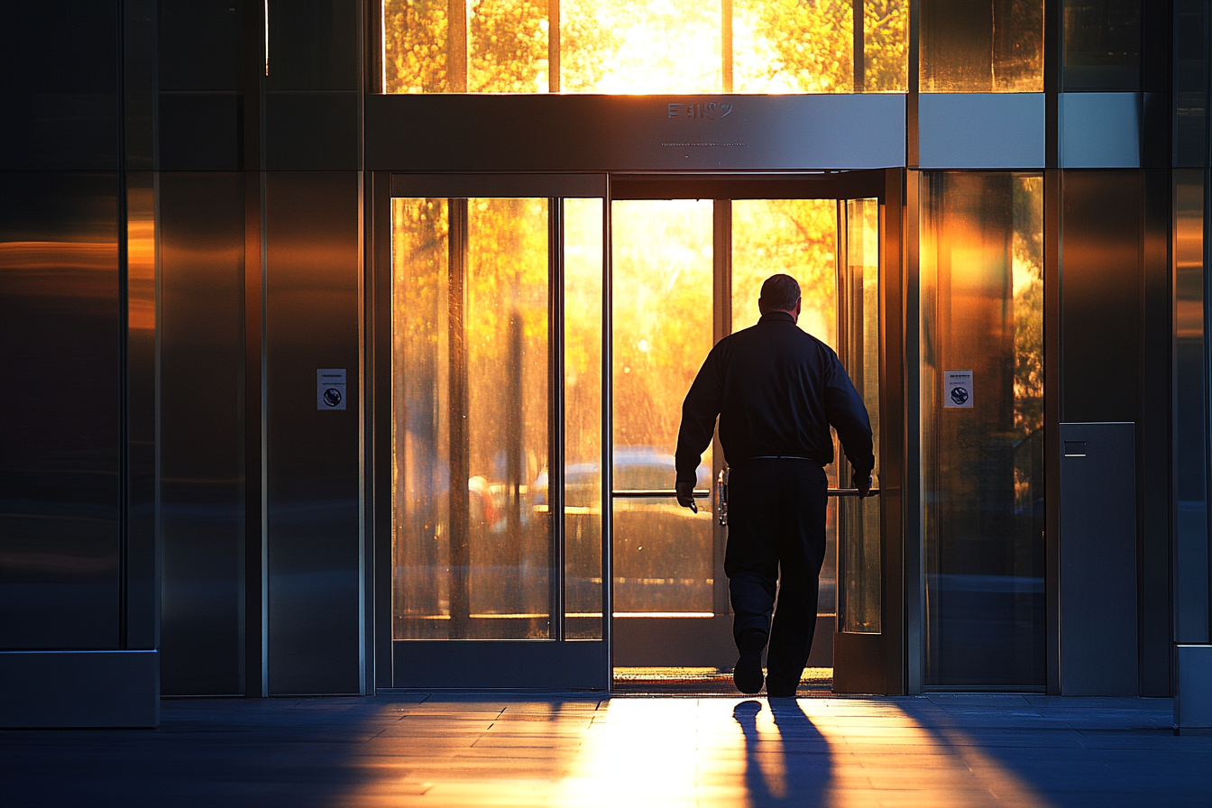 A man exiting an office building | Source: Midjourney