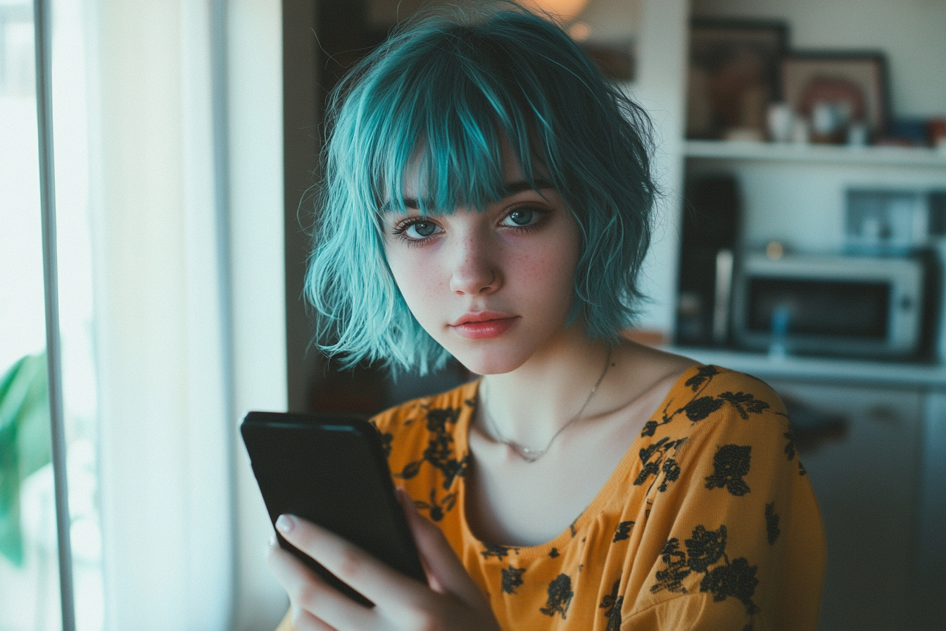 A young woman holding up her cell phone | Source: Midjourney