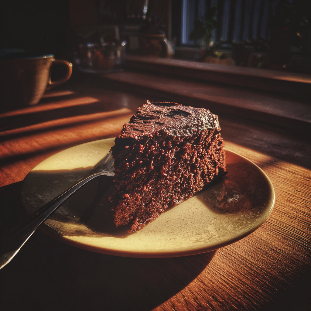 A slice of chocolate cake on a table | Source: Midjourney