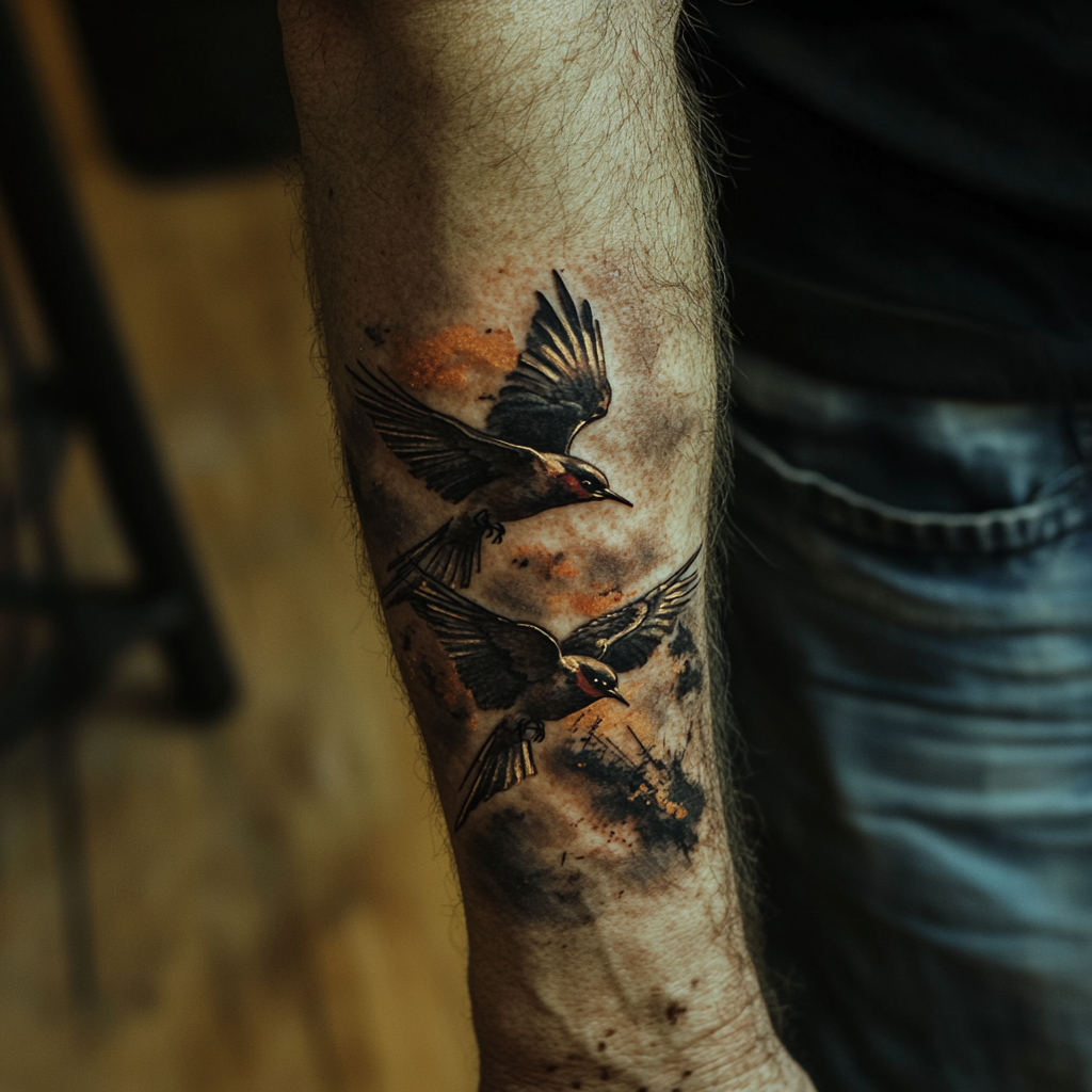 Close-up shot of a tattoo of two swallows on a man's forearm | Source: Midjourney