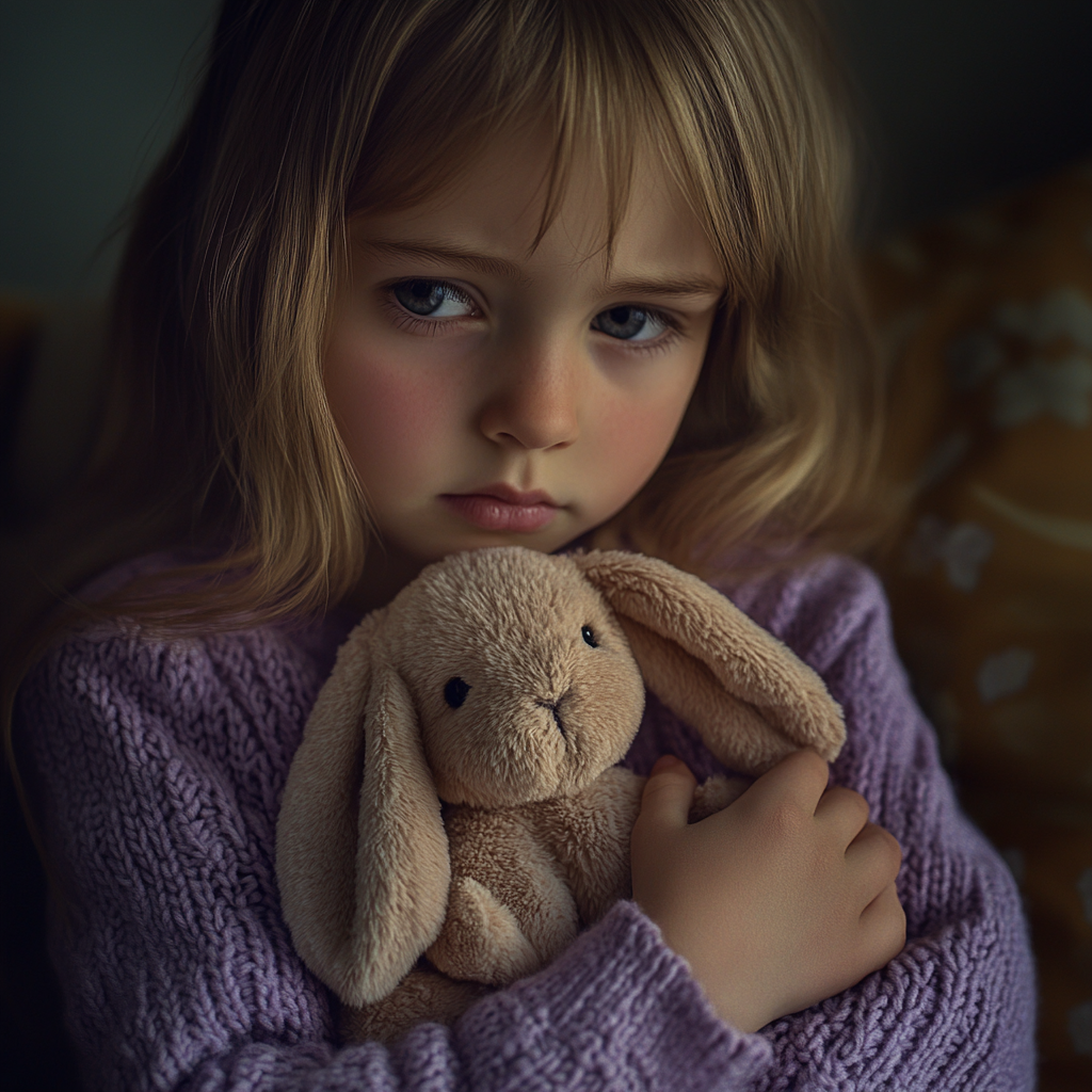 Une petite fille triste tenant un lapin en peluche | Source : Midjourney