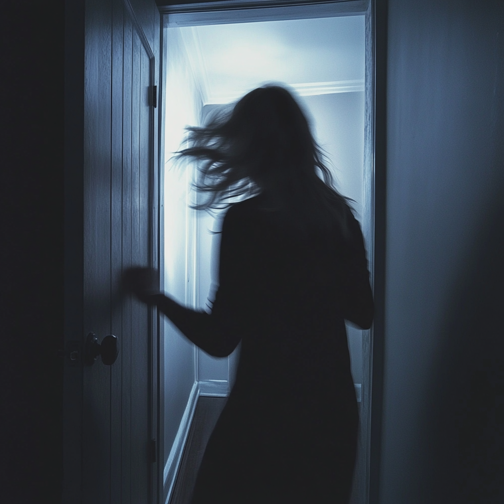 A woman knocking frantically into the closed door | Source: Midjourney