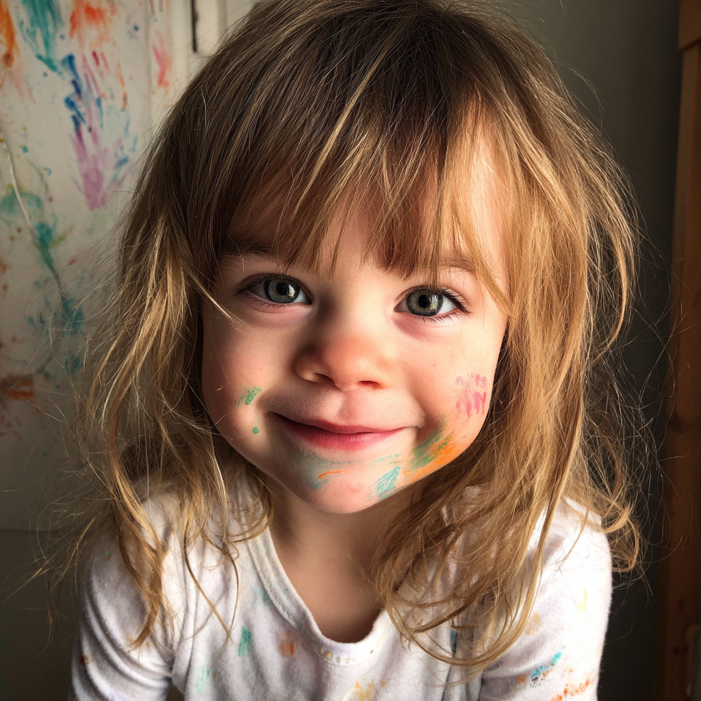 A smiling little girl with paint on her face | Source: Midjourney