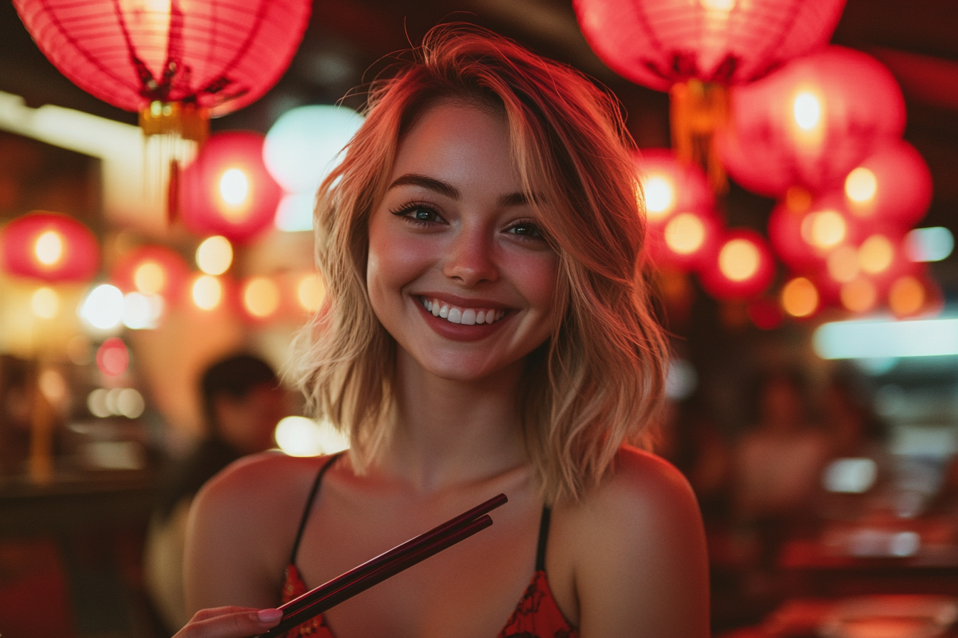 A woman smiling with chopsticks in her hand | Source: Midjourney