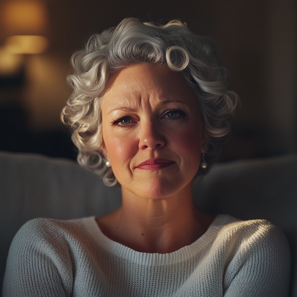 A smiling senior woman sitting on the couch | Source: Midjourney