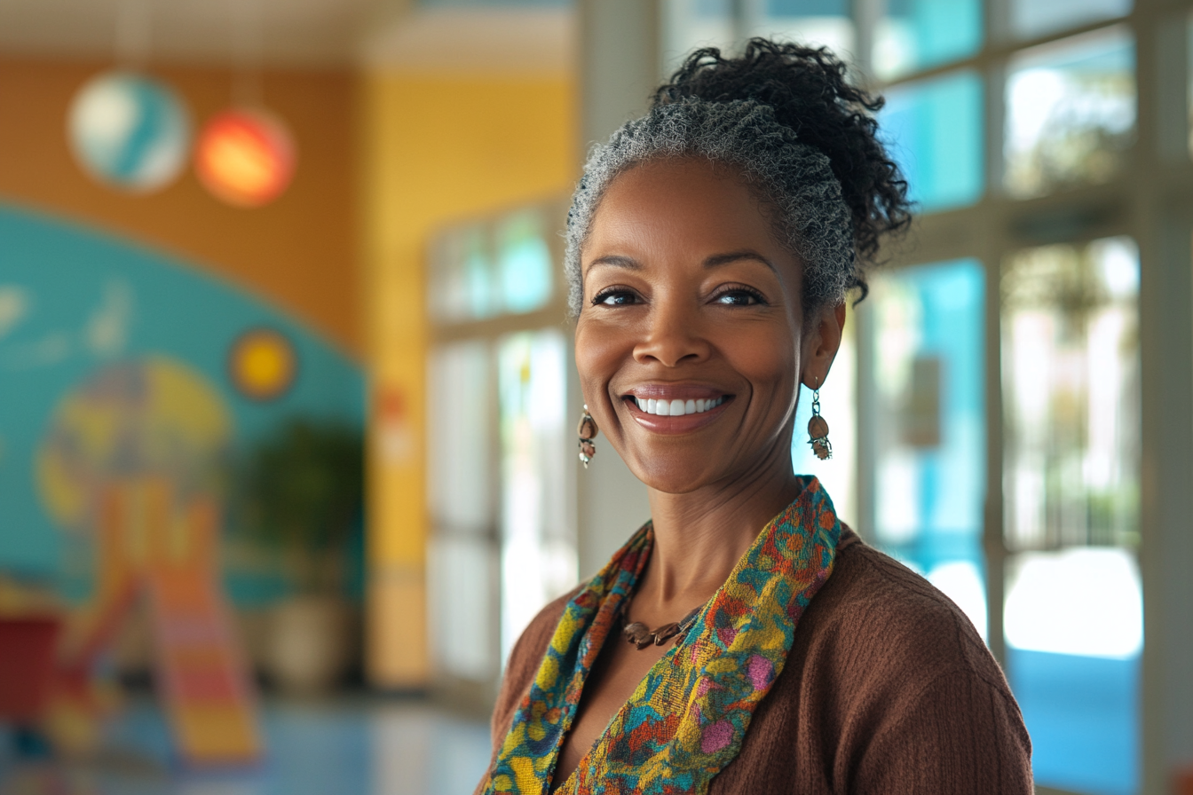 Woman smiling at a children's center | Source: Midjourney