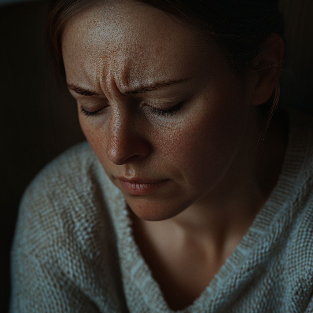 Une femme aux yeux fermés, inquiète | Source : Midjourney