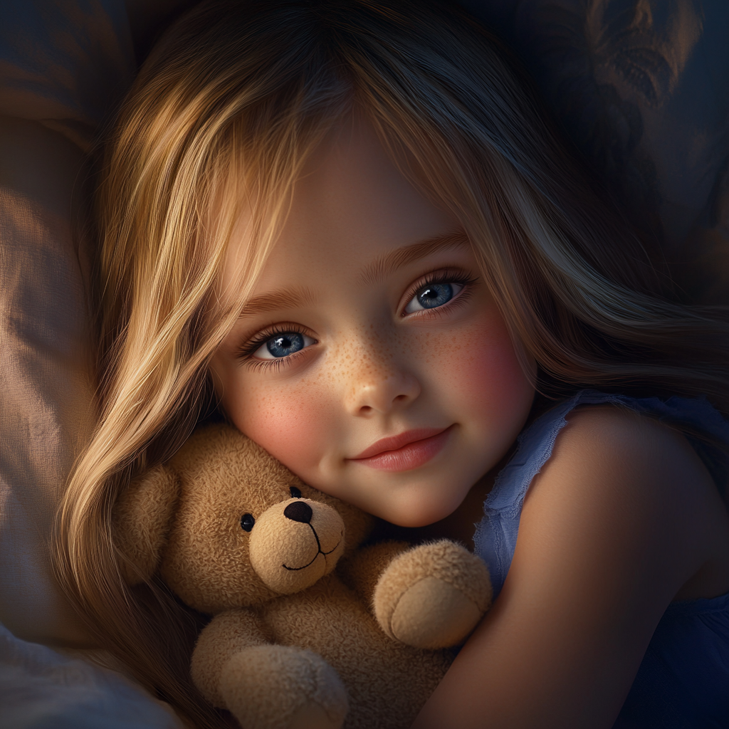 A little girl hugging her teddy bear and lying in her bed | Source: Midjourney