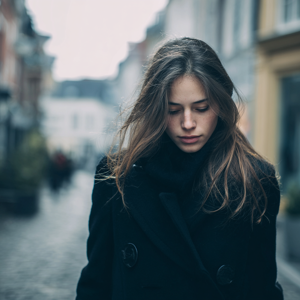 A woman walking down a street looking haunted | Source: Midjourney