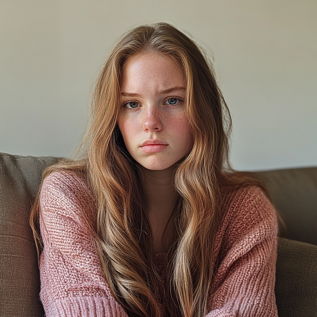 A pensive young woman sitting on a couch | Source: Midjourney