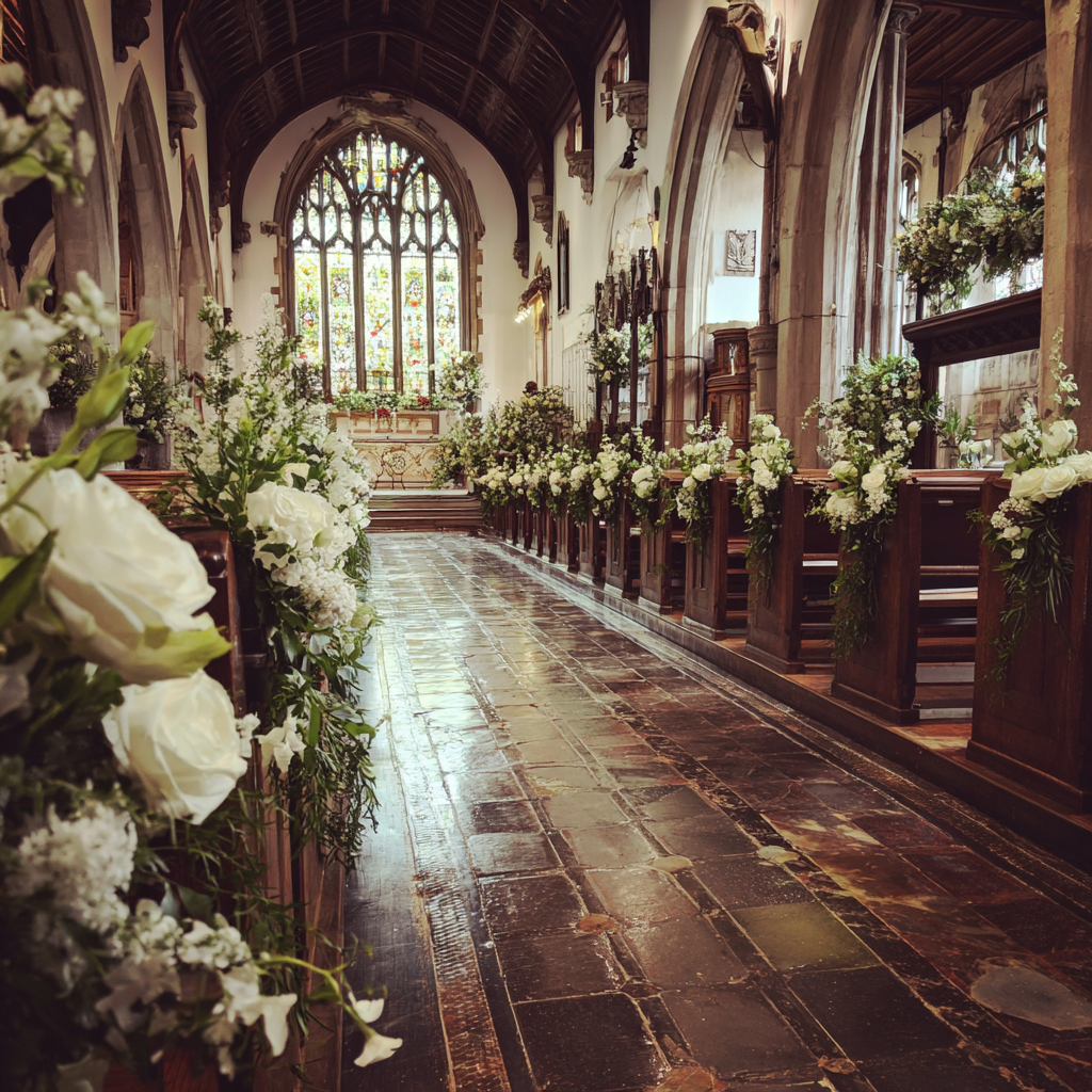 White roses down a wedding aisle in a church | Source: Midjourney