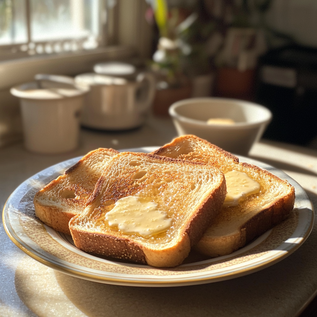 A plate of buttered toast | Source: Midjourney