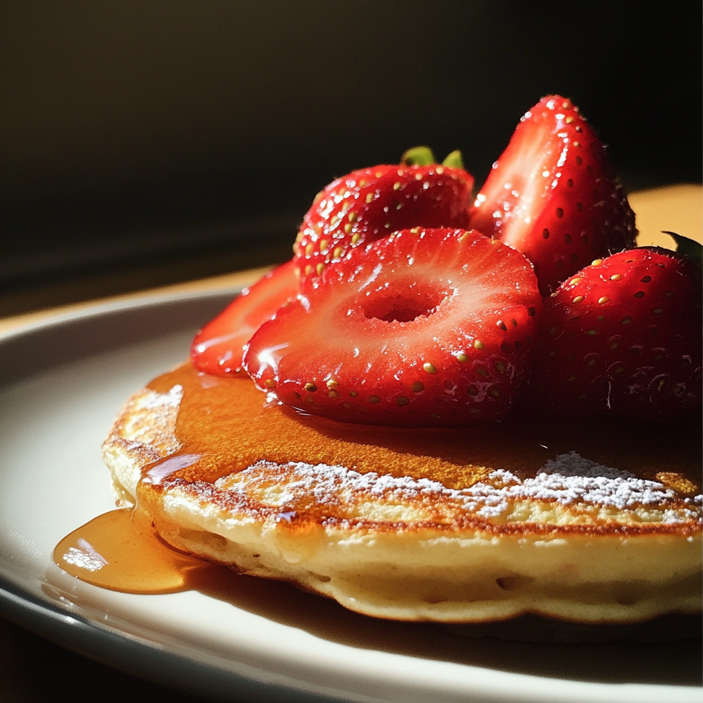 Strawberries on pancakes | Source: Midjourney