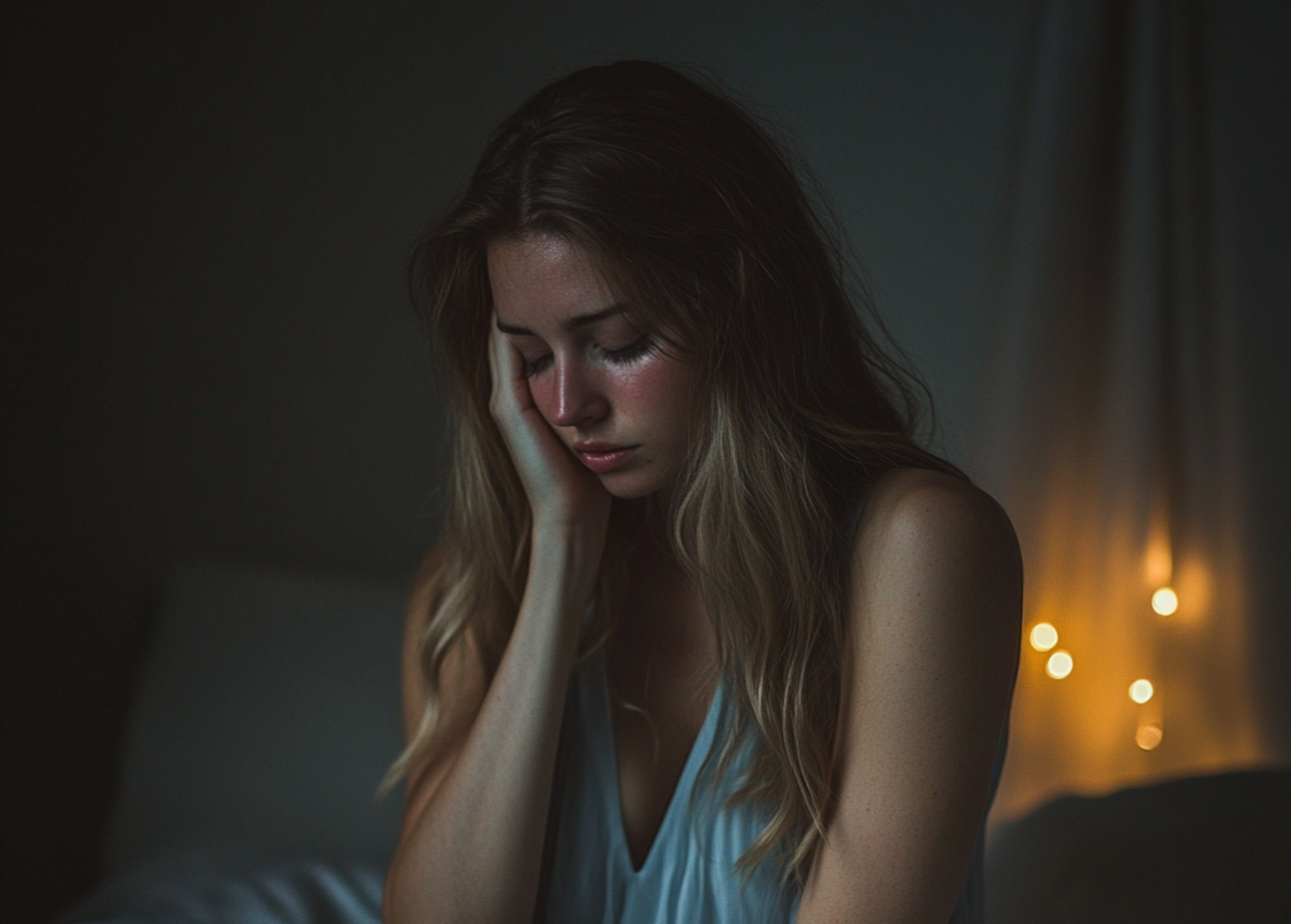 An upset woman sitting on a bed | Source: Midjourney