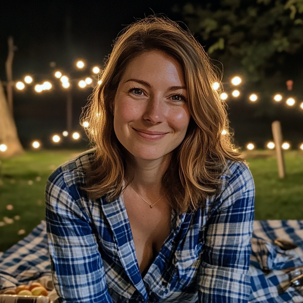 A smiling woman sitting outside | Source: Midjourney