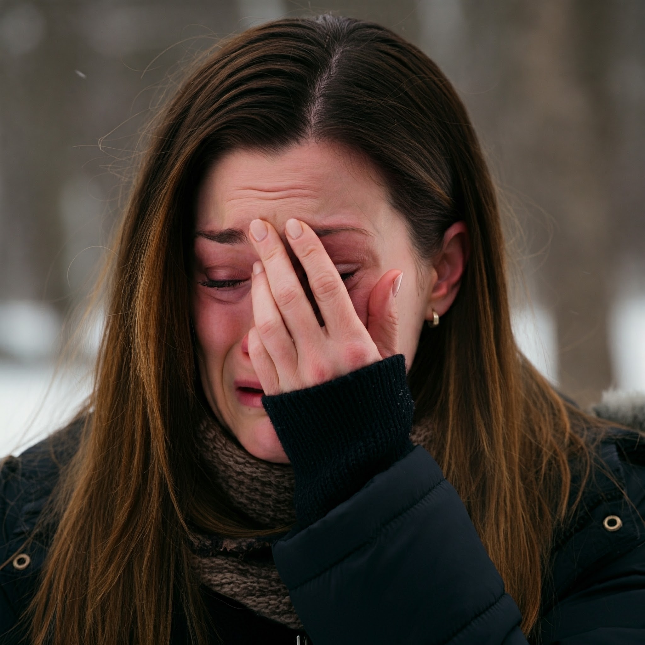 A woman crying outside in the snow | Source: Gemini