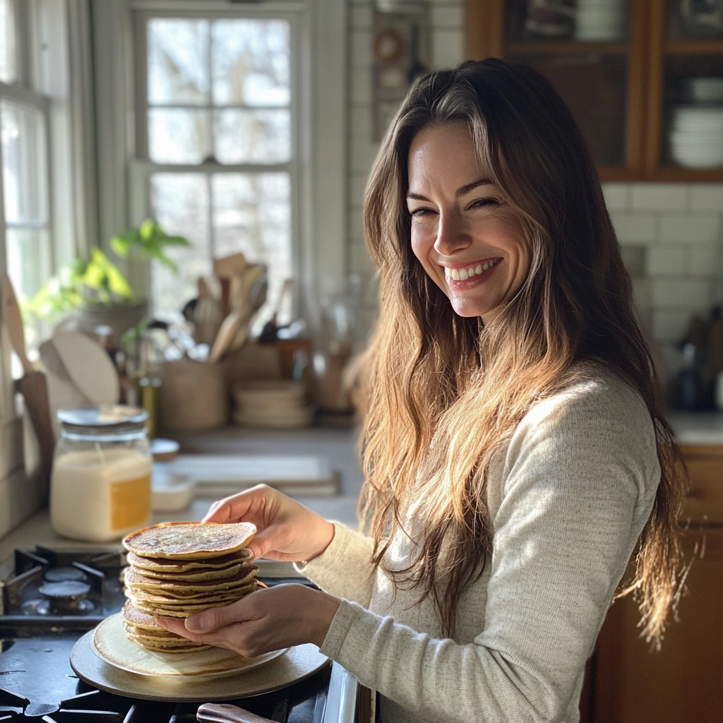 A smiling woman with a stack of pancakes | Source: Midjourney