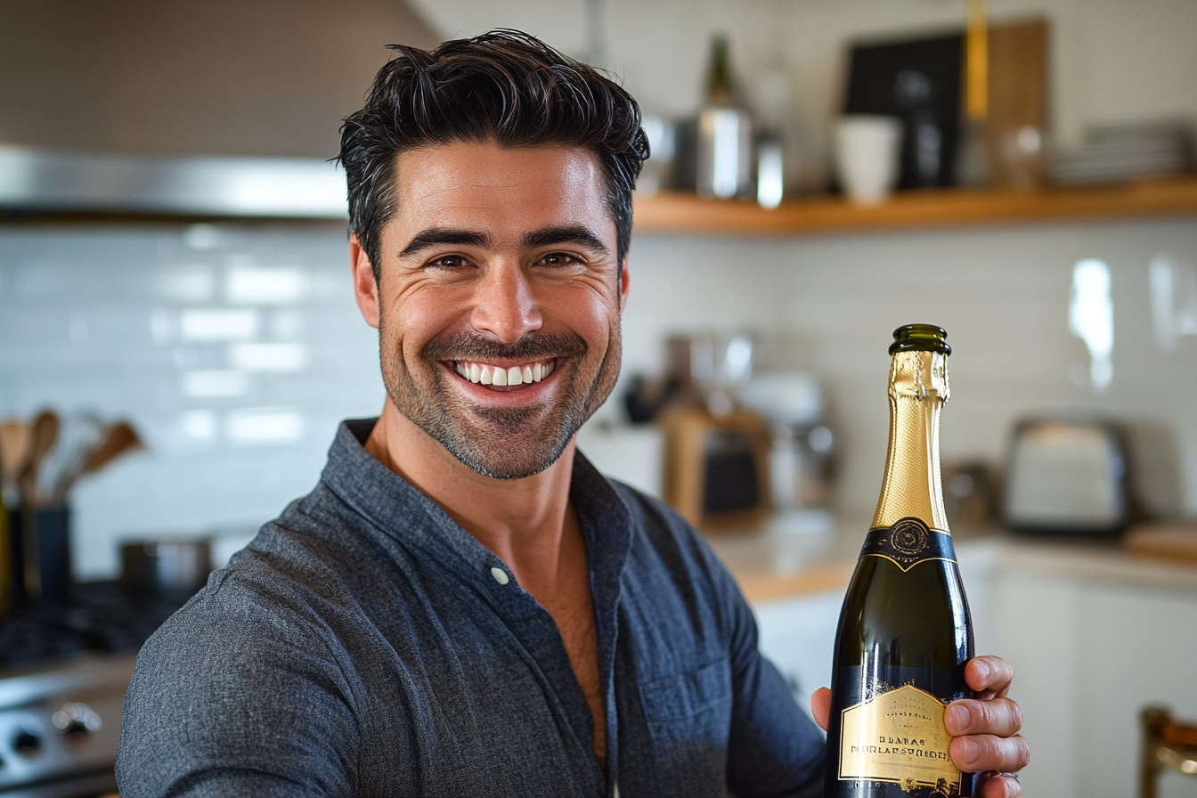 A man holding a bottle of champagne | Source: Midjourney