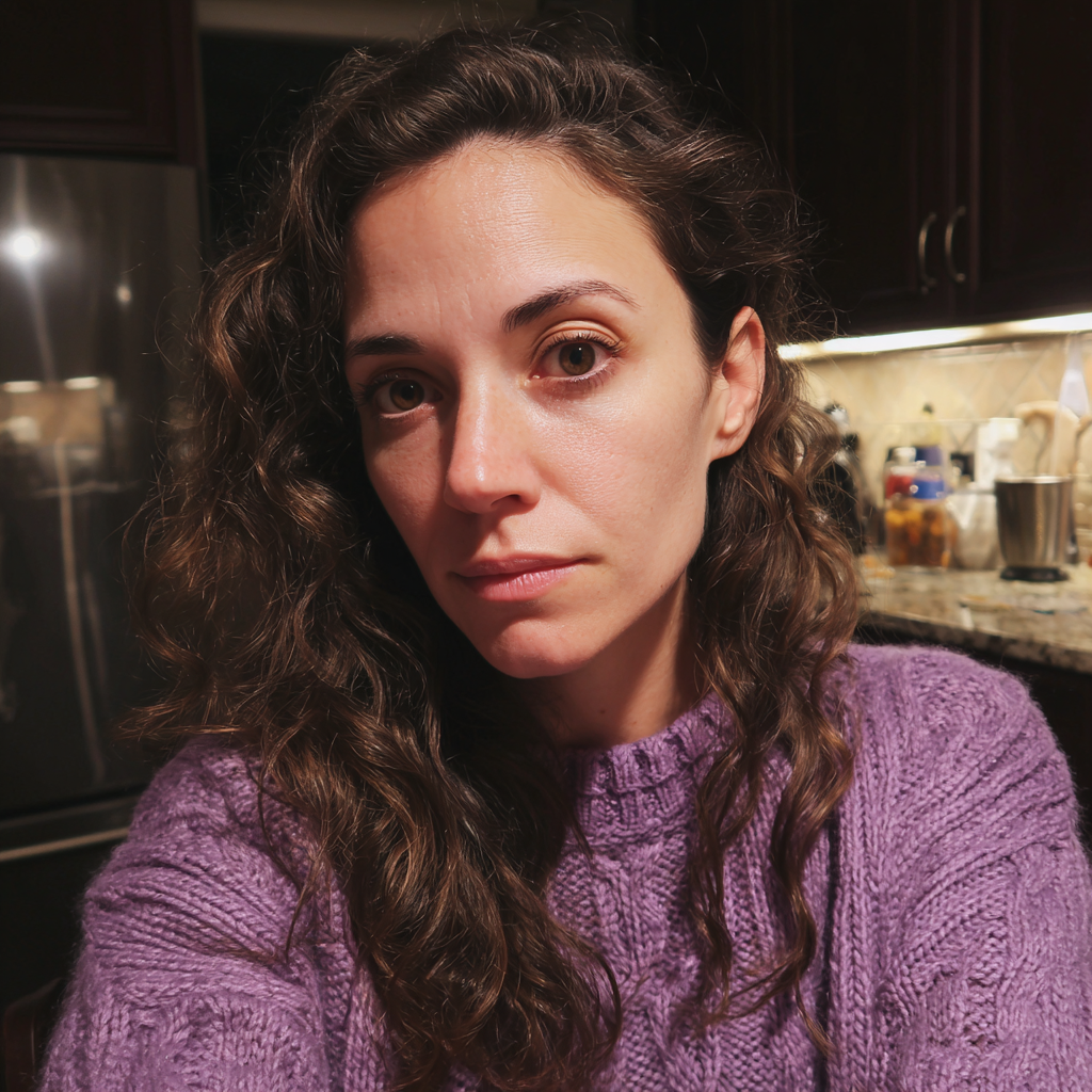 A close up of a woman wearing a purple sweater | Source: Midjourney