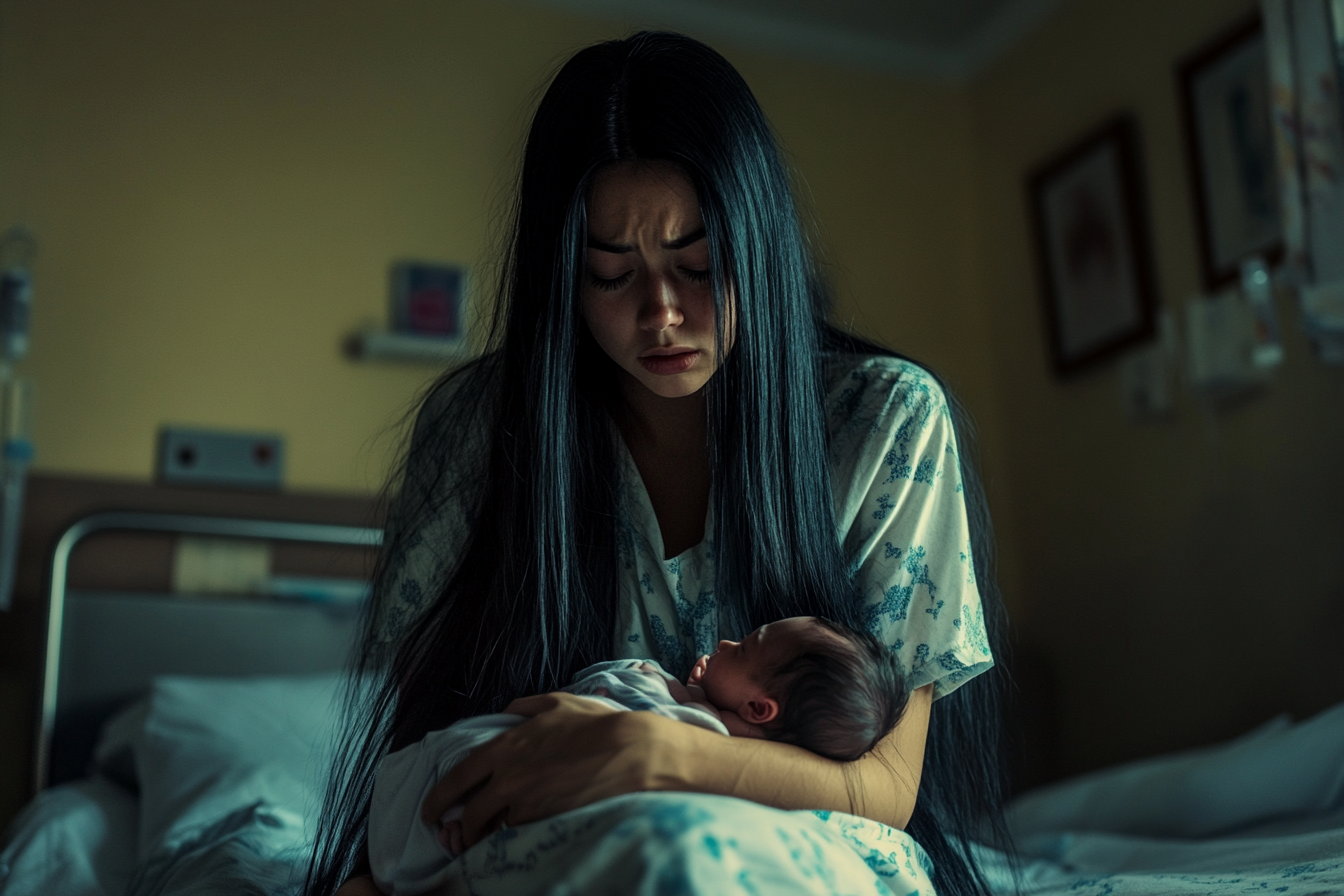 A young woman looks sad while holding a newborn in a hospital bed | Source: Midjourney