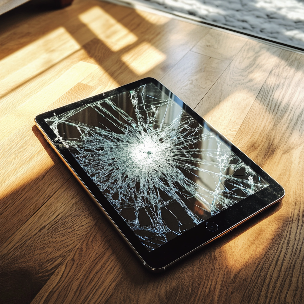 A shattered iPad on a living room floor | Source: Midjourney