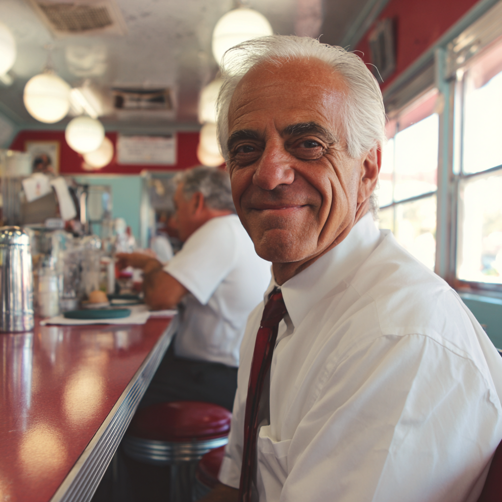 A smiling older man sitting at a diner counter | Source: Midjourney
