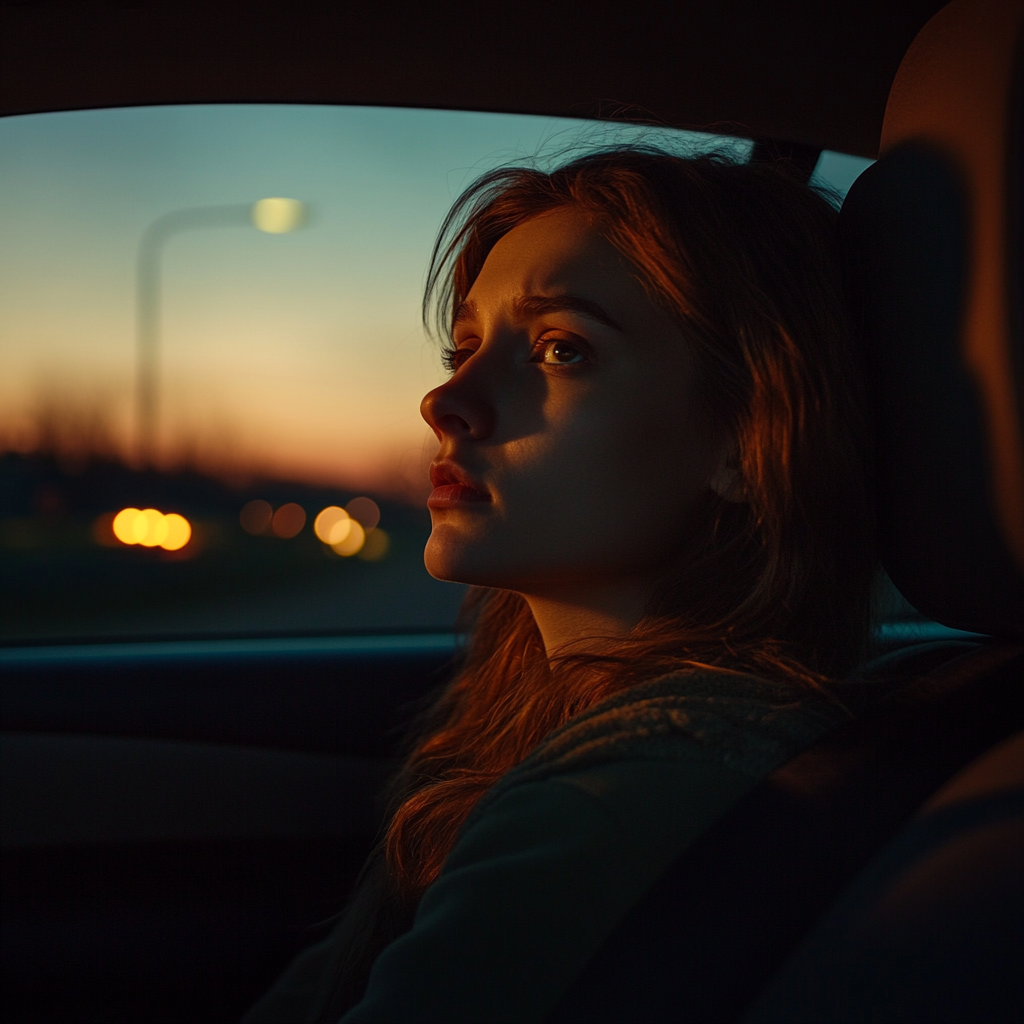 A sad woman in a passenger seat of a car | Source: Midjourney