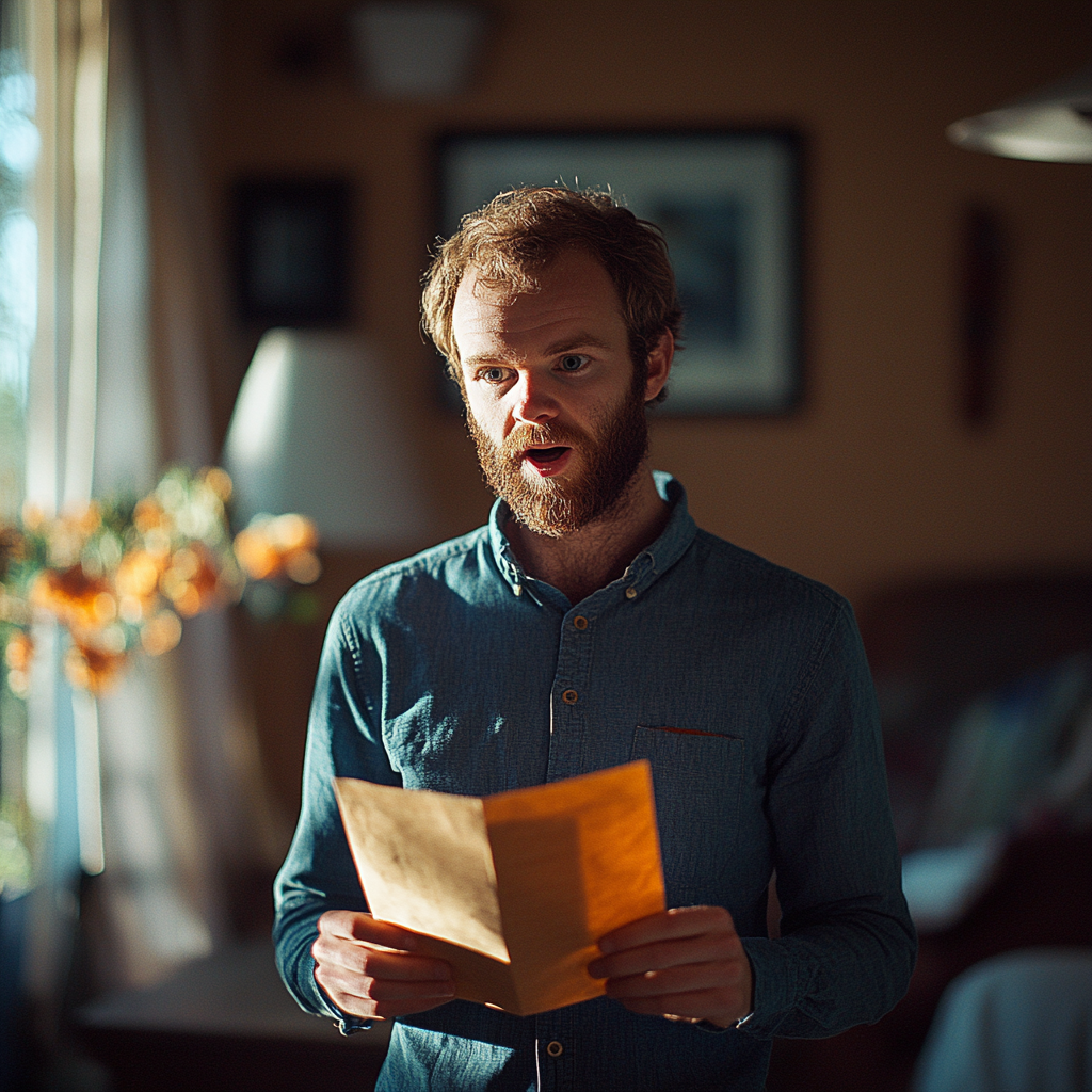 A shocked man reading a letter in the living room | Source: Midjourney