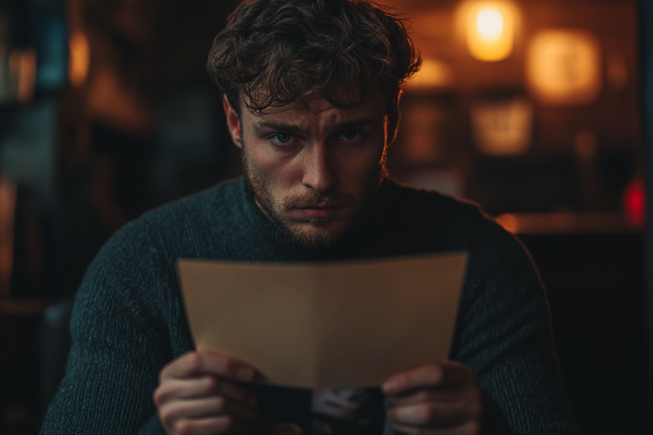 A man with a slightly shocked expression, holding and staring at a photo intently | Source: Midjourney