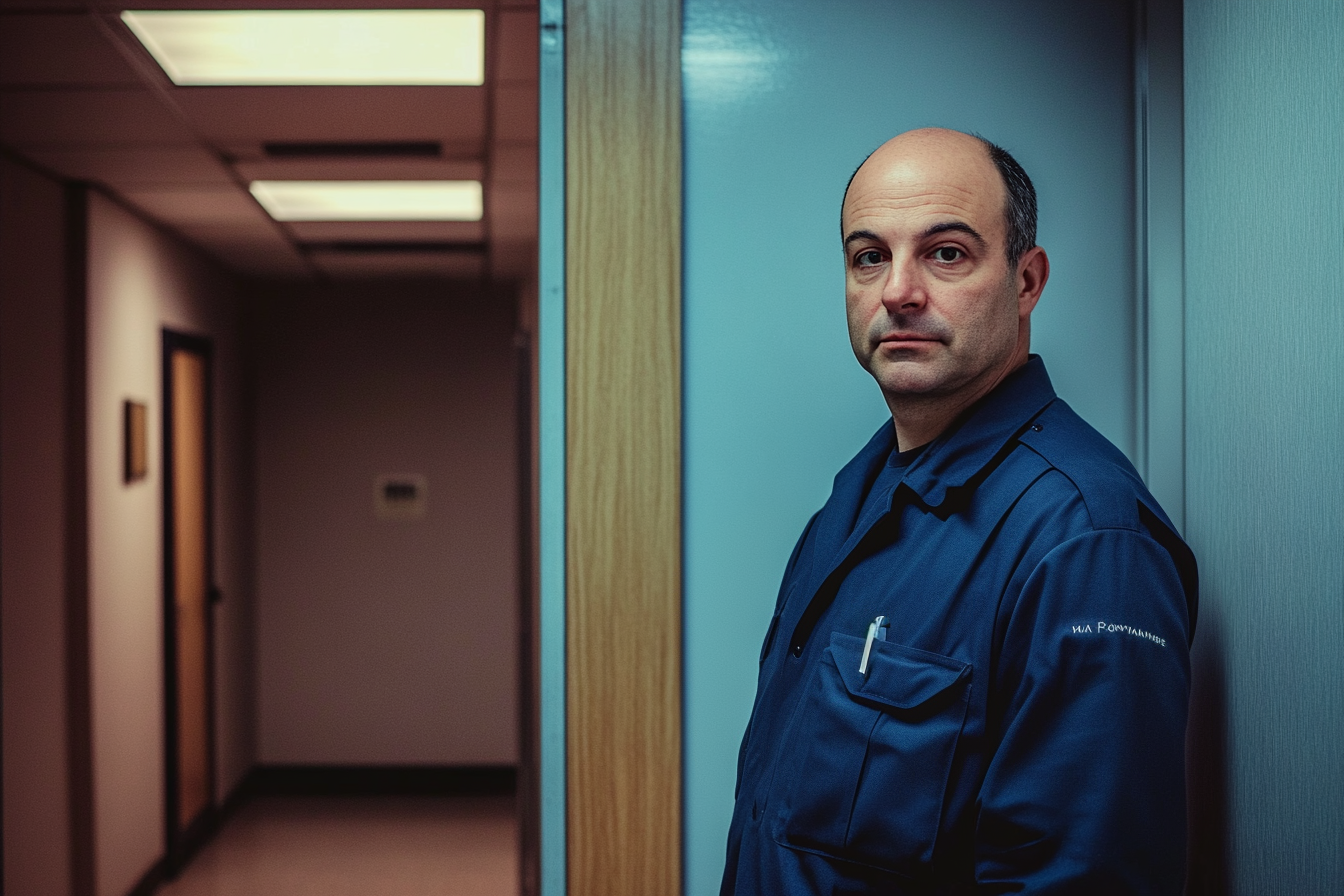 Man in uniform standing by the doorway of an office | Source: Midjourney