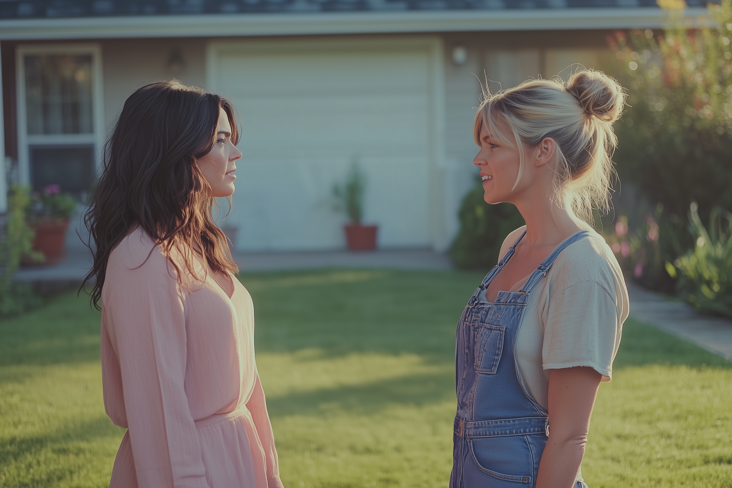 Two women talking on the front lawn of a house | Source: Midjourney