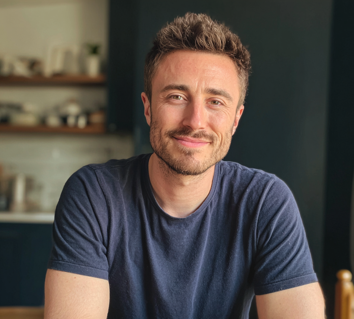 A smiling man sitting at a table | Source: Midjourney