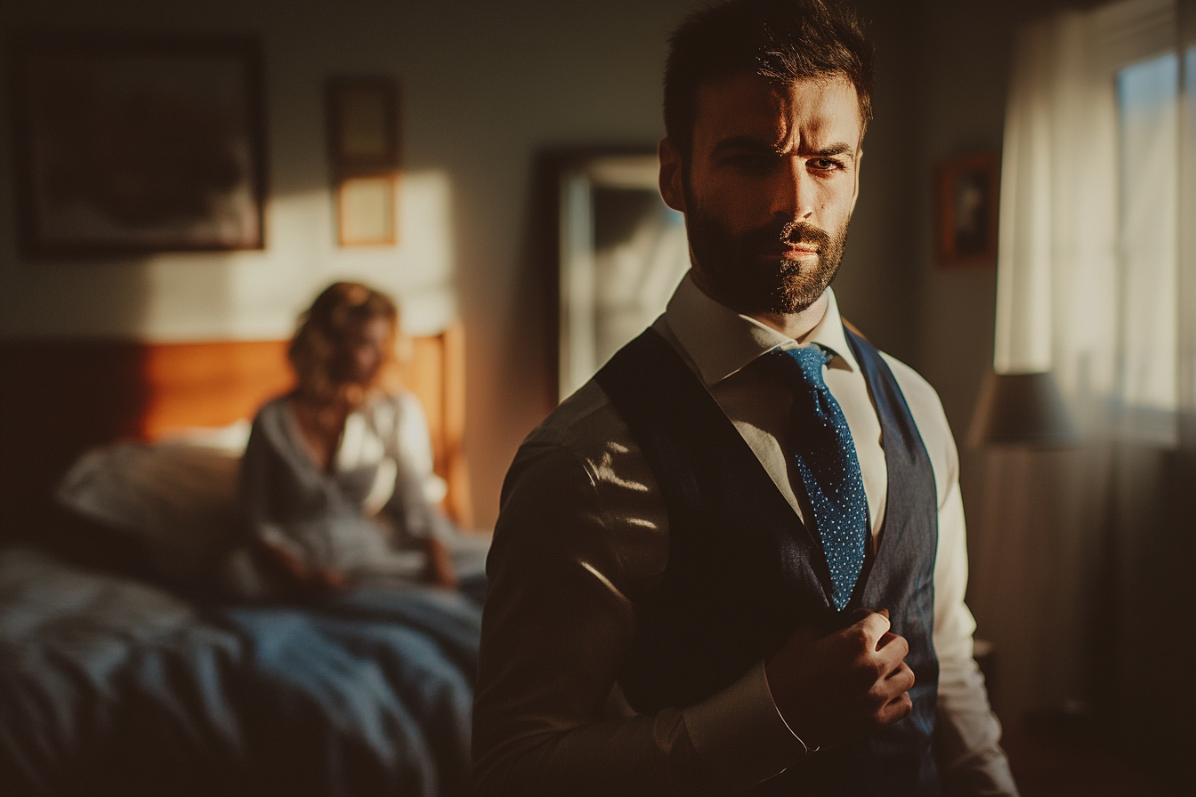 A man arranging his clothes while a woman sits on the bed | Source: Midjourney