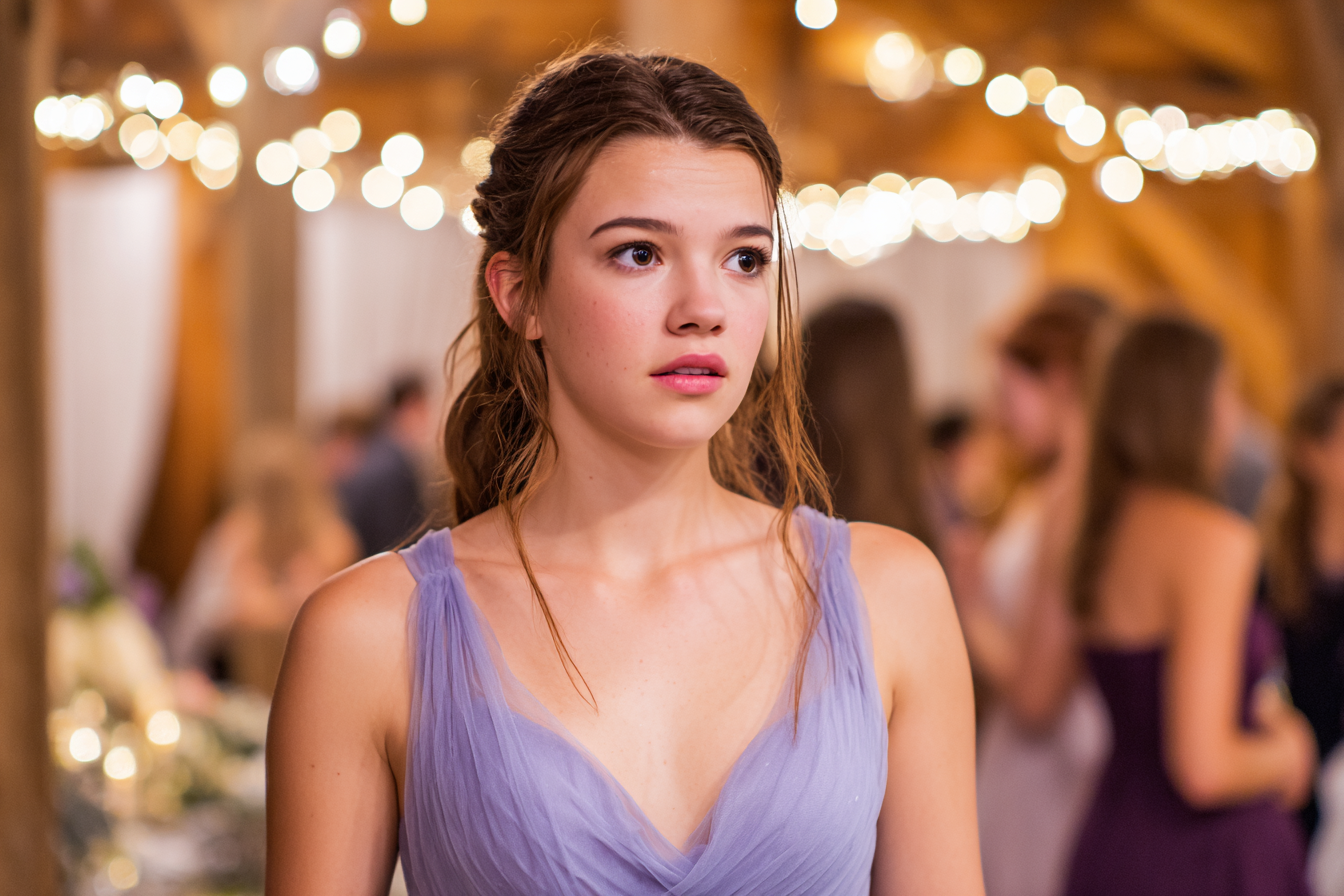A determined-looking young woman at a wedding reception | Source: Midjourney