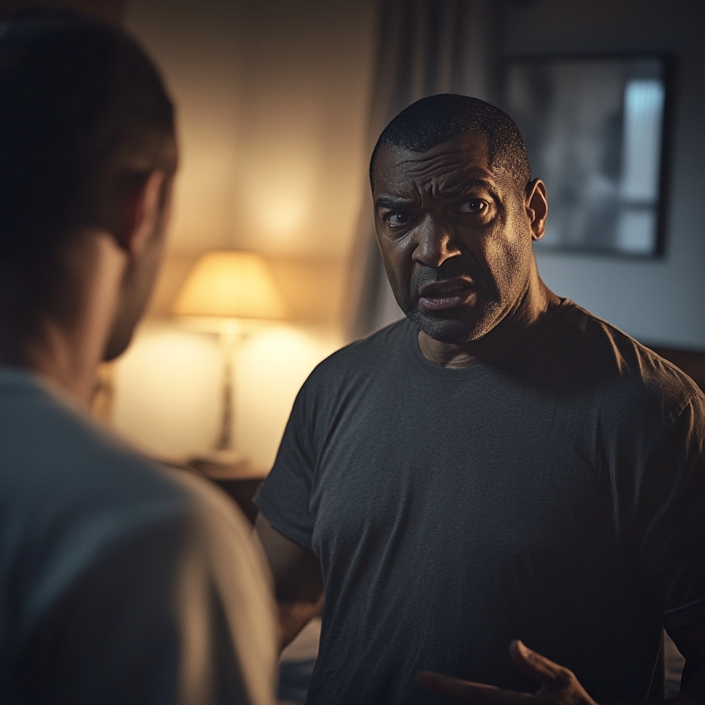 An angry man talking in his bedroom | Source: Midjourney