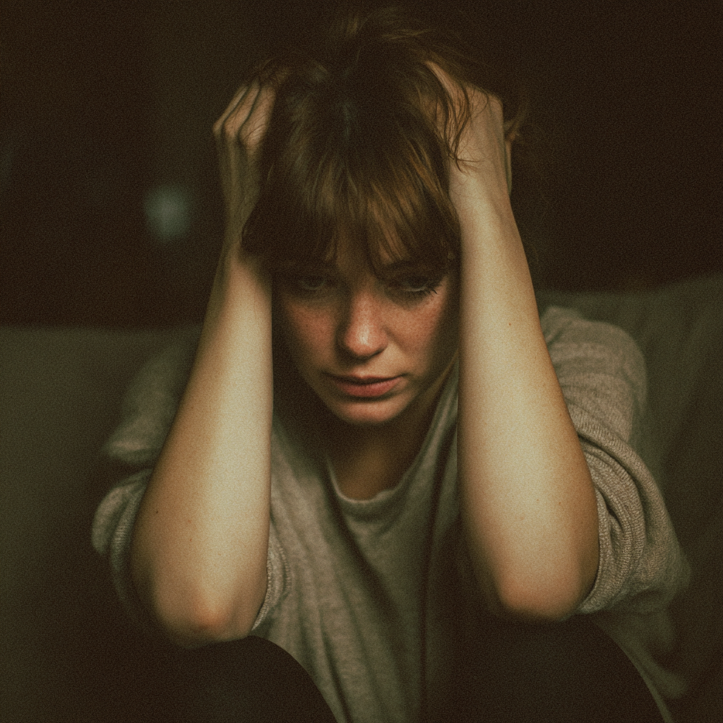 A woman sitting and holding her head | Source: Midjourney