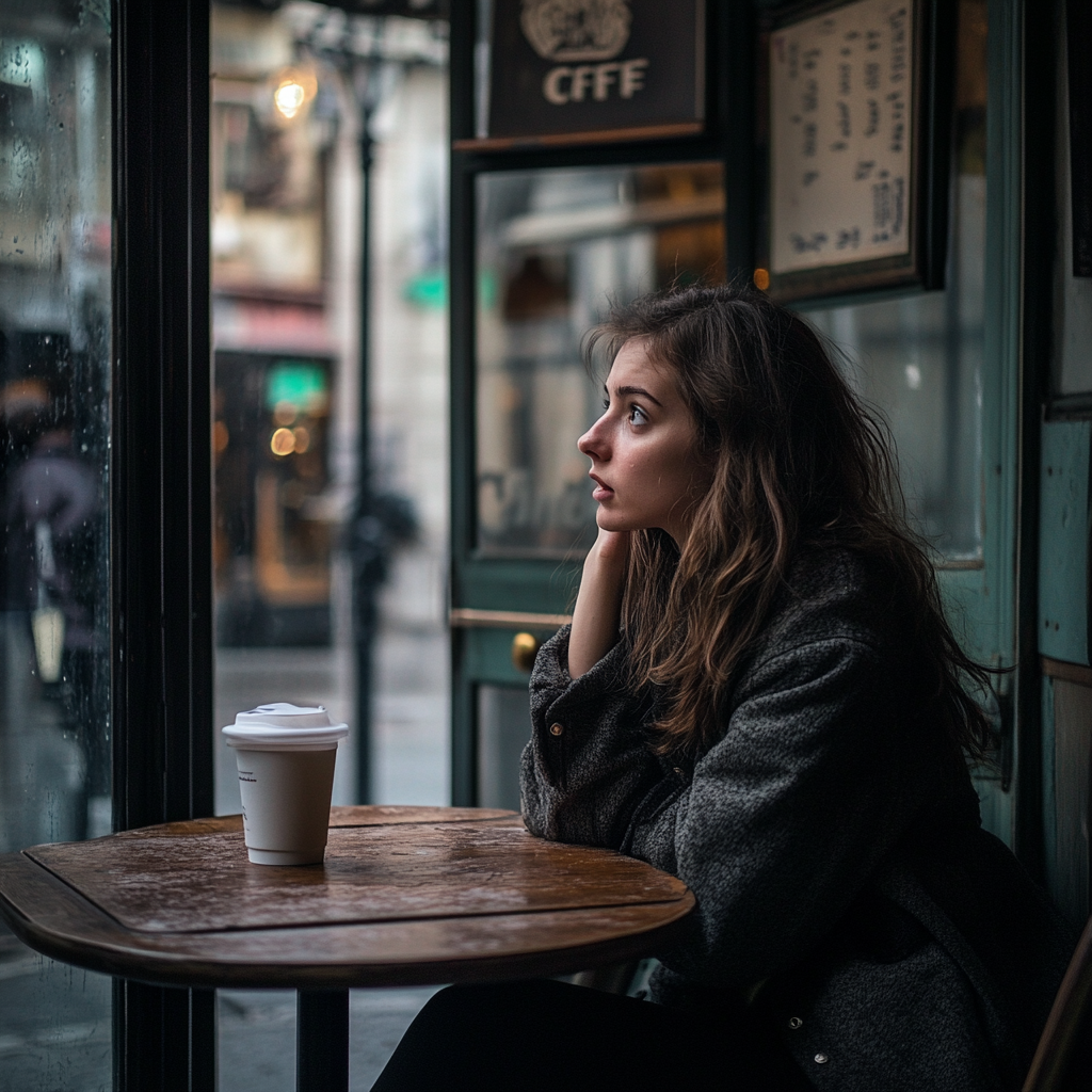 Uma mulher sentada em um café | Fonte: Midjourney