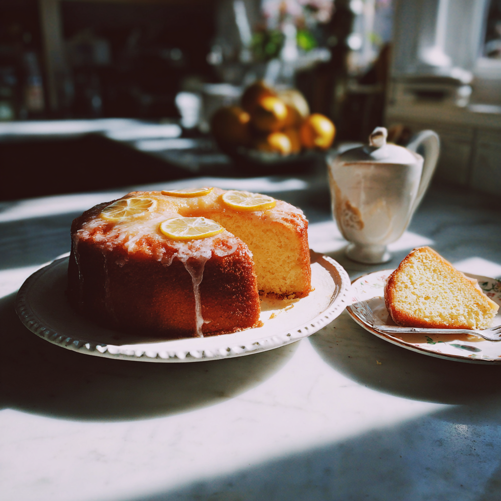 A lemon cake on a kitchen counter | Source: Midjourney