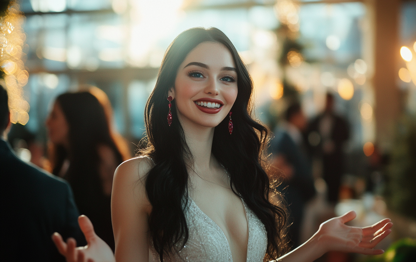 Woman in her 20s wearing a white cocktail dress smiles with her arms open wide for a hug at a party venue | Source: Midjourney