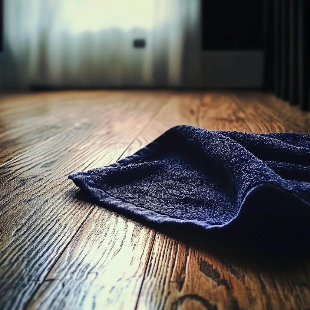 The corner of a navy towel on the floor | Source: Midjourney