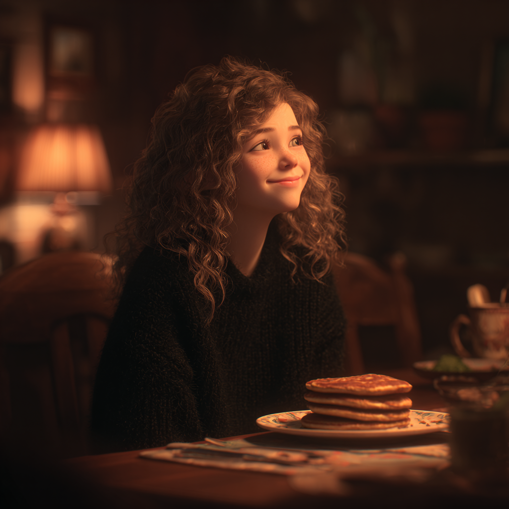 A cheerful young girl seated at a dining table | Source: Midjourney