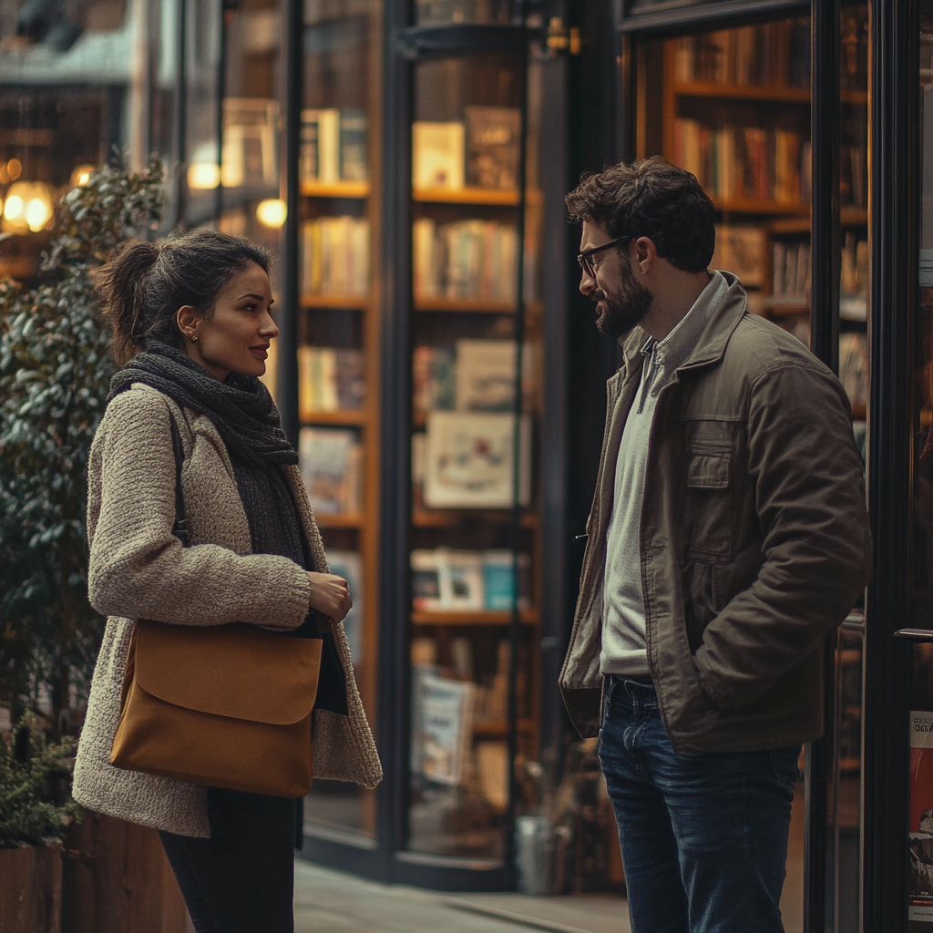 Uma mulher falando com um homem de aparência malvada do lado de fora de uma livraria | Fonte: Midjourney