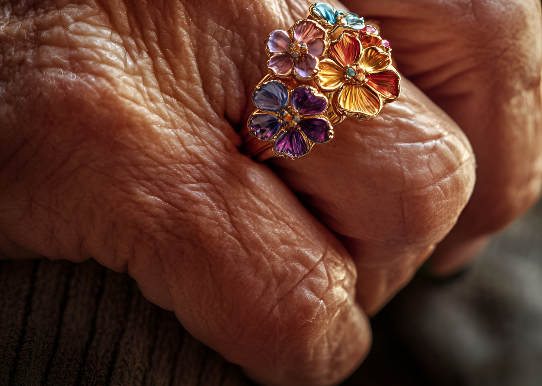 Close-up shot of an older woman wearing a fancy ring | Source: Midjourney