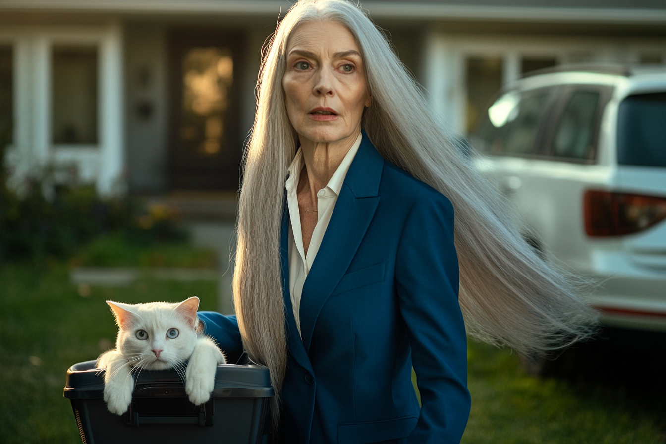 Une femme âgée se dépêchant, portant un chat dans un panier | Source : Midjourney