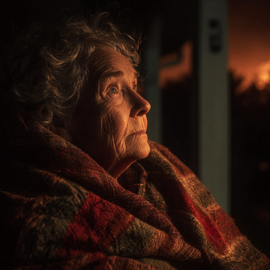 An elderly woman sitting on the porch, wrapped in an old quilt | Source: Midjourney