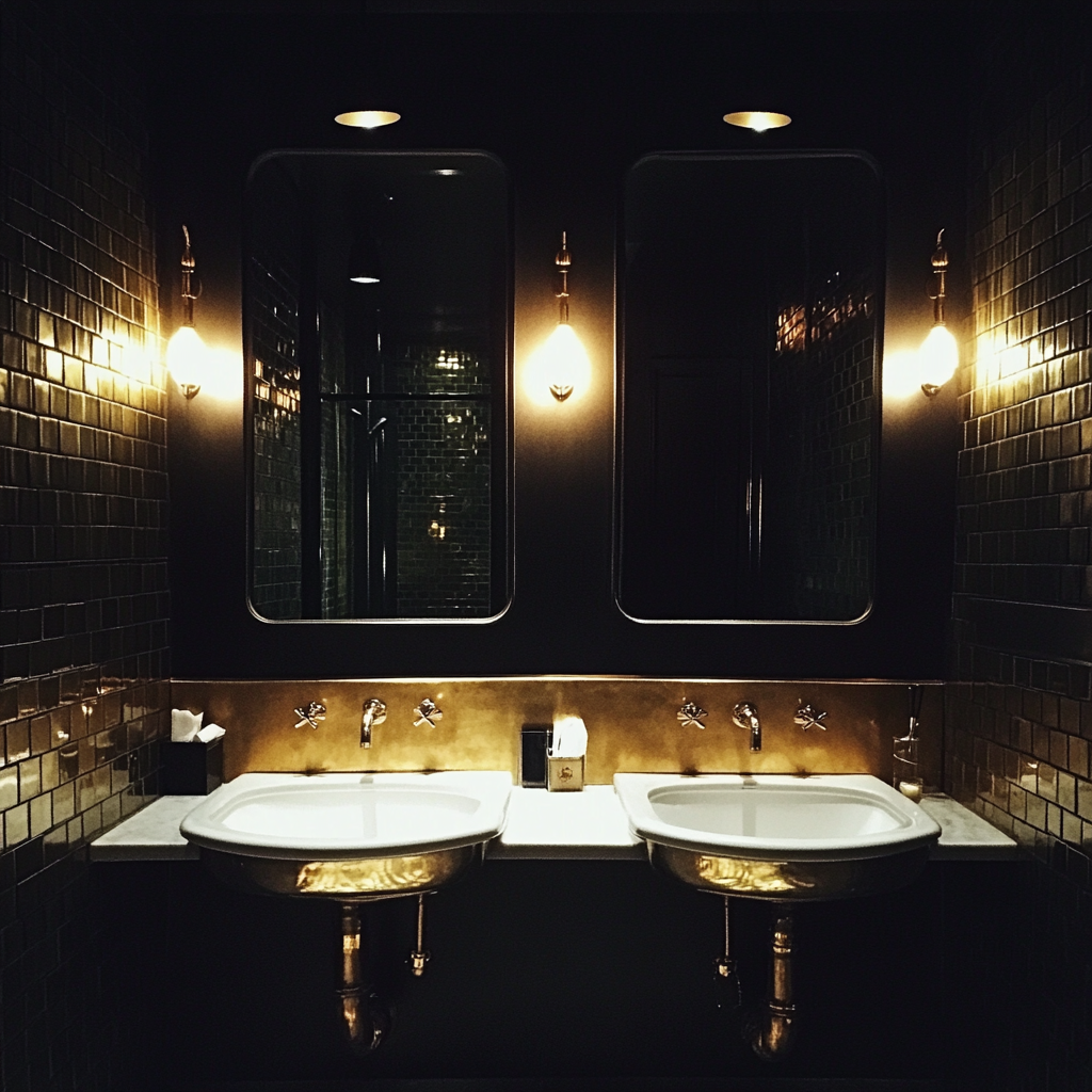 A black and gold restaurant bathroom | Source: Midjourney